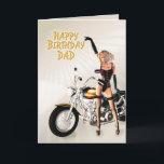 Cartão Para o pai, o aniversário com meninas e uma<br><div class="desc">Uma senhora bonita que está ao lado de um velomotor. Um grande cartão para o homem que gosta de montar!</div>
