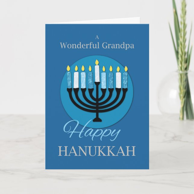 Cartão Para o vovô Hanukkah Menorah no Azul Negro (Frente)