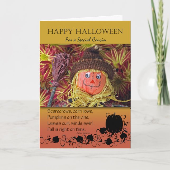Cartão Para Primo Cute Halloween Scarecrow e Poema (Frente)
