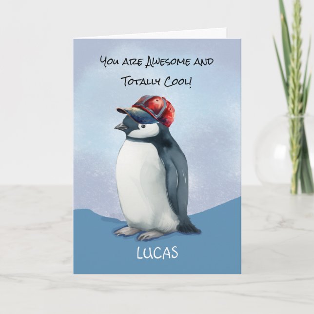Cartão Para Qualquer Pinguim De Aniversário Com Chapéu De (Frente)