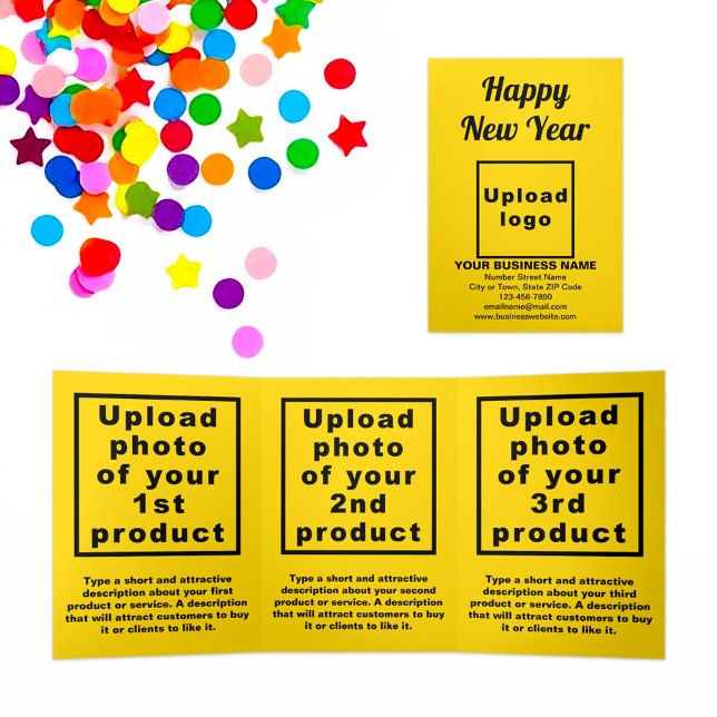 Cartão para três vezes amarelo de ano novo comerci (New Year greeting, business brand and products on yellow trifold card)