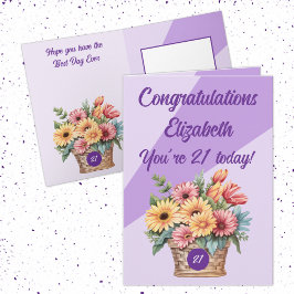 Cartão Parabéns 21 hoje aniversário floral roxo