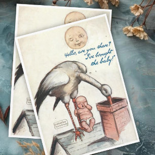 Cartão Parabéns ao Novo Bebê Vintage com Cegonha