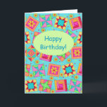 Cartão Parabéns às tartarugas! Parabéns!<br><div class="desc">Diga "Feliz Aniversário" para um amante de colcha ou colcha com este cartão de saudação colorido totalmente personalizável. Adicione suas próprias palavras e nomes. As palavras de sentimento dentro do cartão podem ser personalizadas para suas próprias palavras. Esta arte original de colcha faz uma nota de cor vibrante ou um...</div>