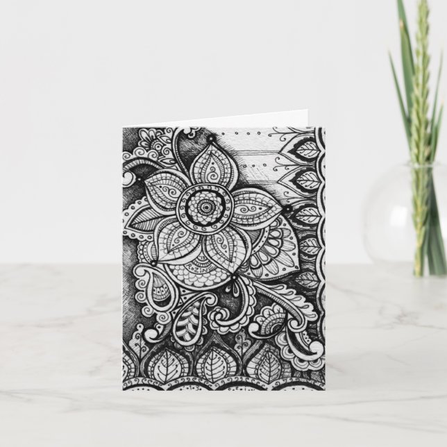 Cartão Parabéns Black White Damask Mandala Indiano (Frente)