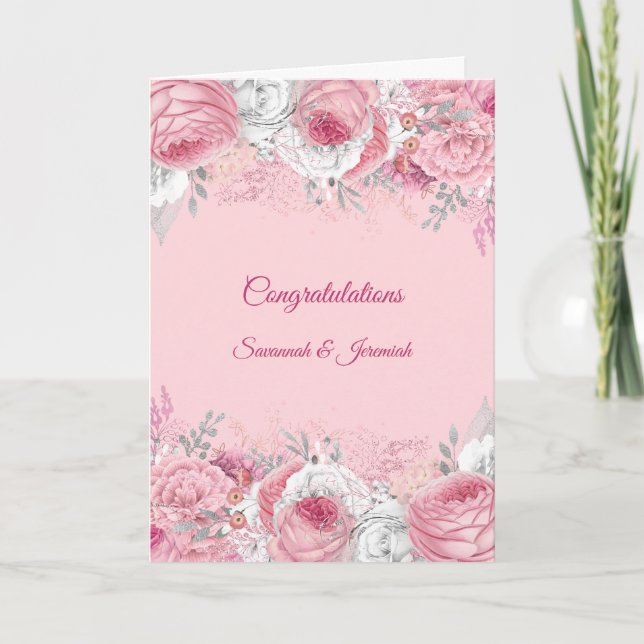 Cartão Parabéns Casamento Floral Rosa Prateado Chic (Frente)