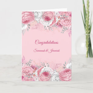 Cartão Parabéns Casamento Floral Rosa Prateado Chic