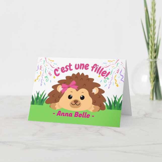 Cartão Parabéns de Bebê Francês com Hedgehog (Frente)