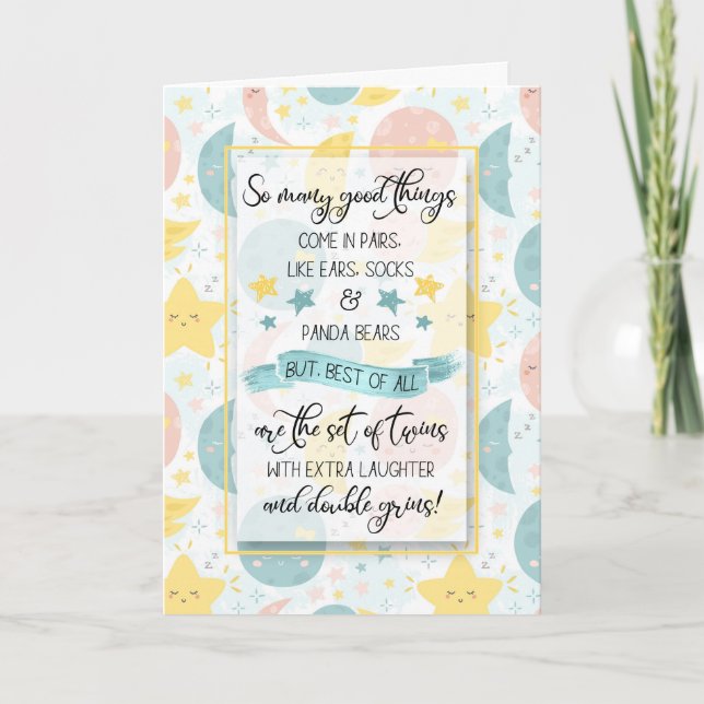 Cartão Parabéns de bébé-gêmeo Luas e Estrelas (Frente)