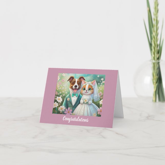 Cartão Parabéns de Casamento de Gatos e Cães (Frente)