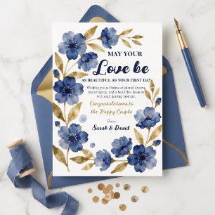 Cartão Parabéns de casamento floral em aquarela Navy Gold