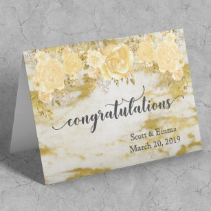 Cartão Parabéns de Casamento Personalizados Dourados Flor