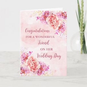 Cartão Parabéns de Dia de Casamento de Amigo Floral Rosa