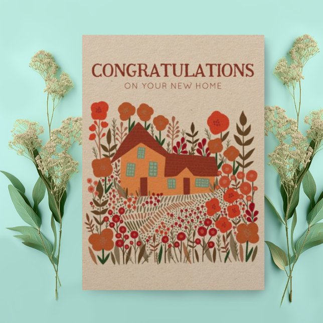 Cartão PARABÉNS de Kraft, fazenda de aquecimento doméstic (Custom new home congratulations card with cute cottage and garden with flowers)