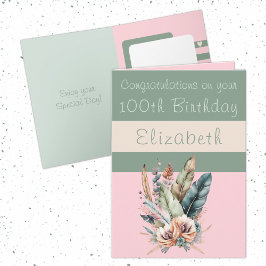 Cartão Parabéns do 100º aniversário verde-rosa-floral