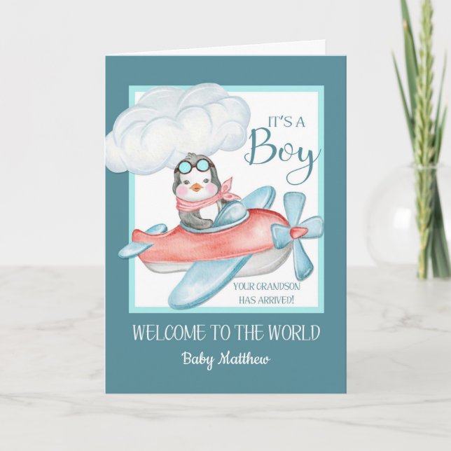 Cartão Parabéns É um Menino Neto Nome Personalizado (Frente)