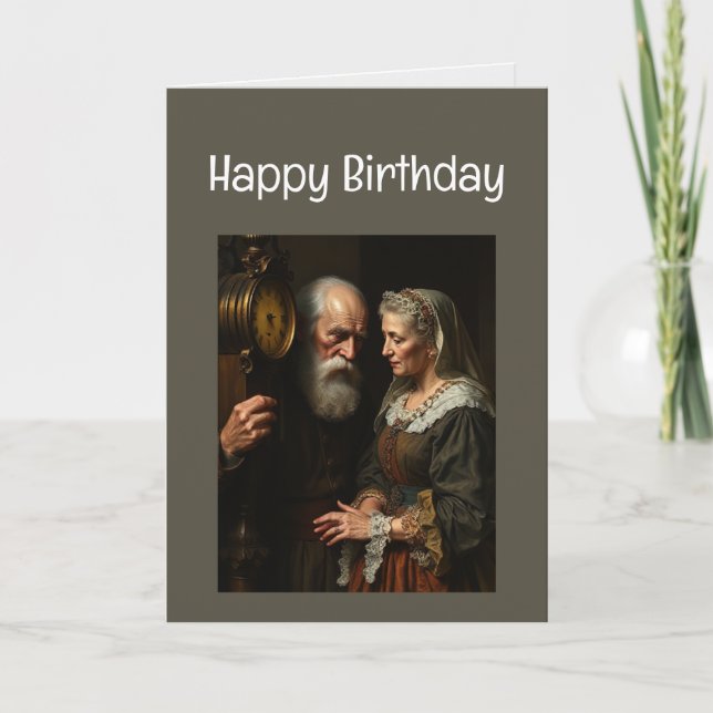 Cartão Parabéns, Engraçado Tempo Surpreende Você (Frente)