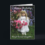 Cartão Parabéns Excelente de aniversário, neta<br><div class="desc">excelente de aniversário feliz texto de neta numa cena de jardim linda com uma boneca bonito que está segurando rosas</div>