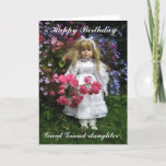 Cartão Parabéns Excelente de aniversário, neta<br><div class="desc">excelente de aniversário feliz texto de neta numa cena de jardim linda com uma boneca bonito que está segurando rosas</div>