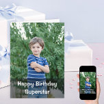 Cartão Parabéns, Foto Personalizada Aniversário<br><div class="desc">Cartão de aniversário personalizado para seu filho, sobrinho, irmão ou outro amigo ou parente. Toda a redação, dentro e saída, pode ser personalizada e o modelo de foto está configurado para você adicionar sua própria foto à frente. Este design tem uma cobertura escura com tipografia branca - também está disponível...</div>