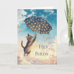Cartão Parabéns Gato e Guarda-chuva Voando no Ar