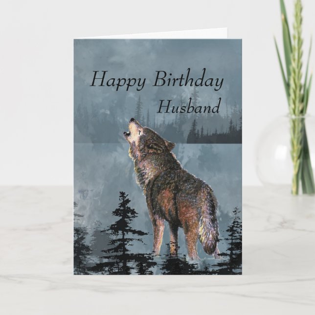 Cartão Parabéns Marido Howling Wolf Moon Cote (Frente)