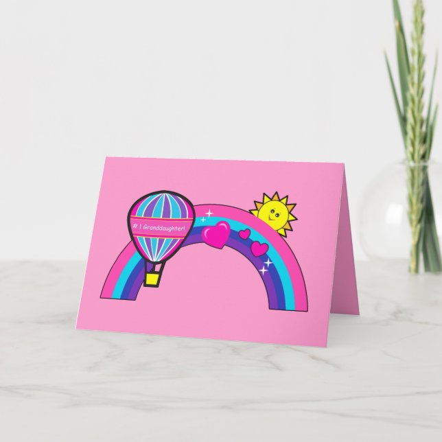 Cartão Parabéns, neta com sol e arco-íris (Frente)