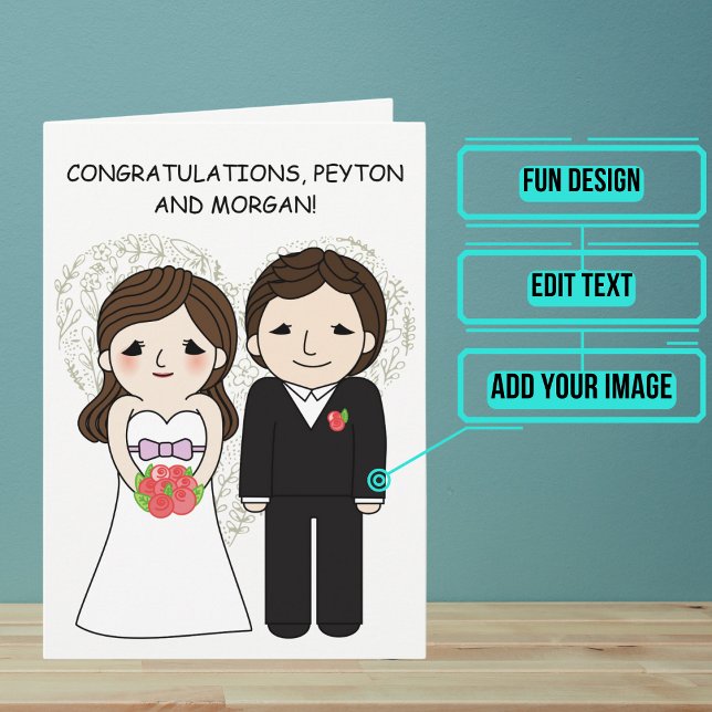 Cartão Parabéns no Dia do Casamento Noiva e Noivo de Anim (Send your love and congratulations with a modern and unique twist.)