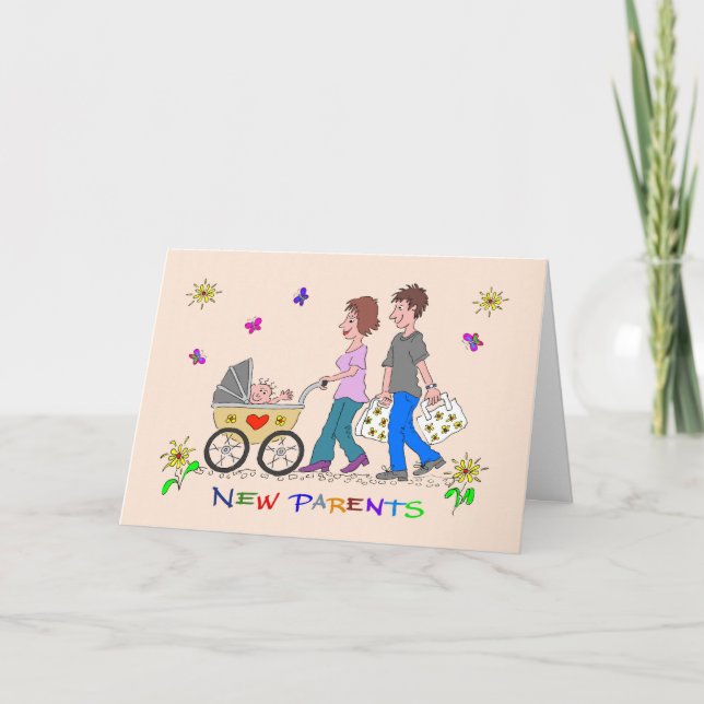 Cartão Parabéns Novo pai sorrindo desenho da família (Frente)