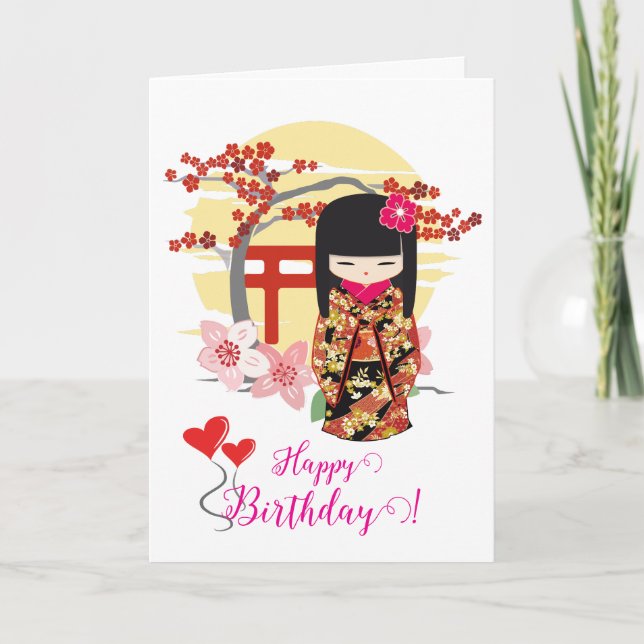 Cartão Parabéns pela boneca Kokeshi (Frente)