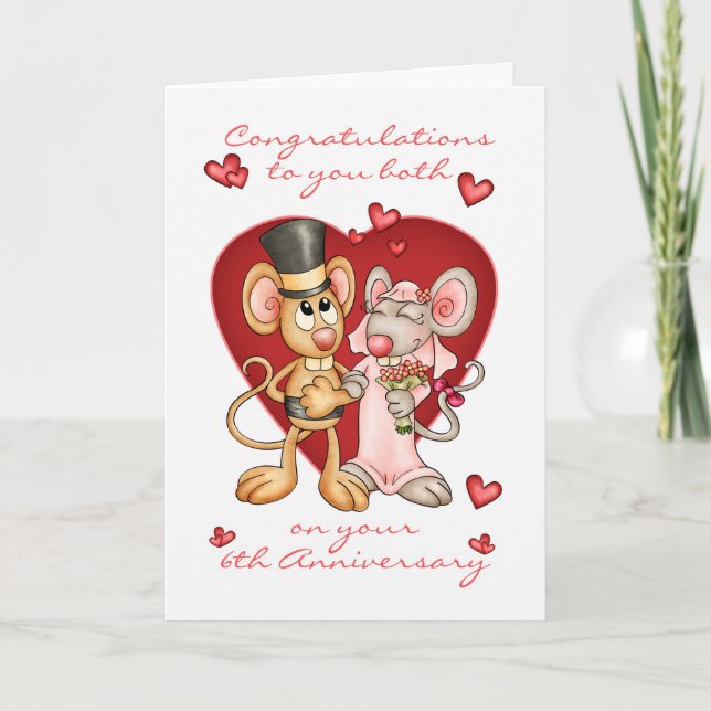 Cartão Parabéns pelo 6º aniversário -ratinhos fofos anive (Frente)