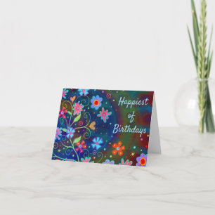 Cartão Parabéns pelo seu dia Feliz Flores Divertidas Azui