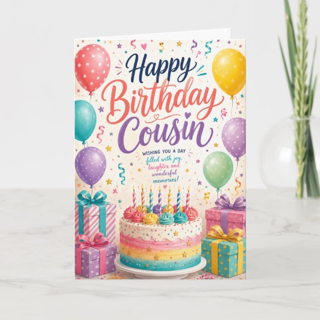 Cartão Parabéns Primo Celebração Colorida (Frente)