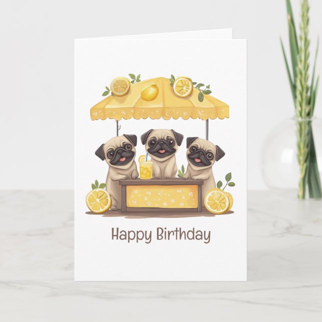 Cartão Parabéns Pug Dogs Lemonade Stand (Frente)