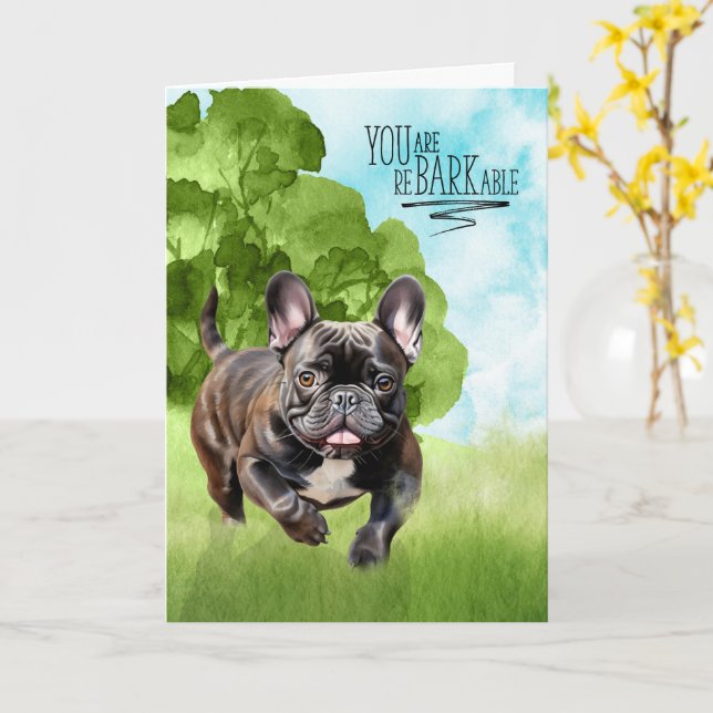 Cartão Parabéns reBARKable Brindle Bulldog Francês (Flor Amarela)