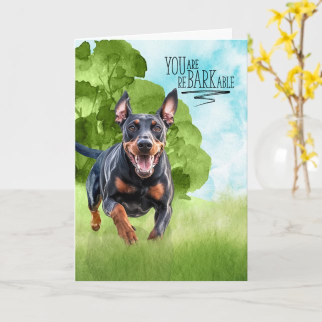 Cartão Parabéns reBARKable Doberman Cachorro (Flor Amarela)