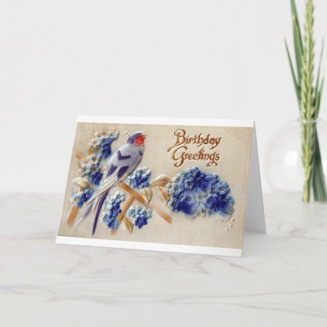 Cartão Parabéns Tecido Antigo Carta Postal de Pássaro (Frente)