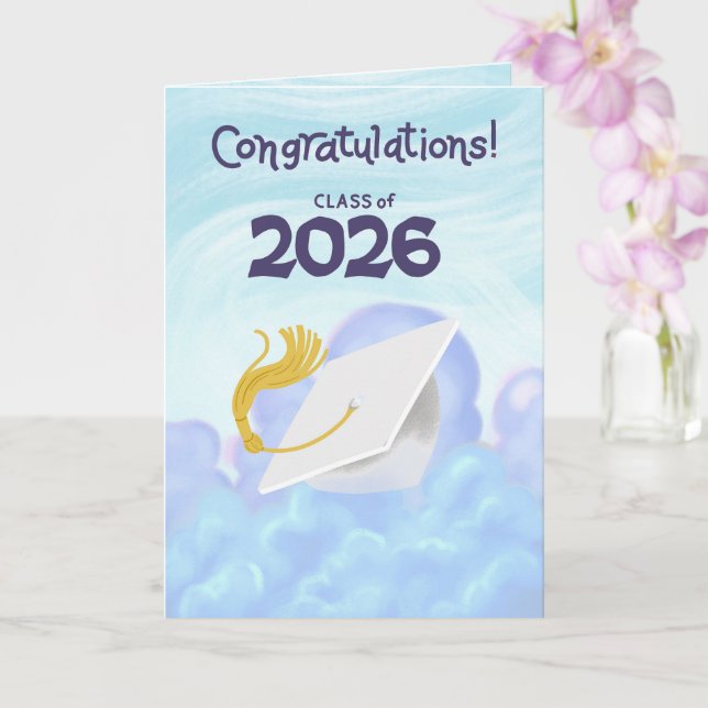 Cartão Parabéns Turma de 2026 Gorro de Formatura Branco (Orquídea)