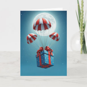 Cartão Paraquedas entregando presente de Natal