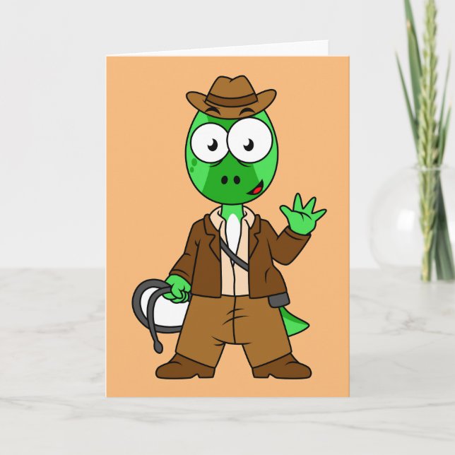 Cartão Parasaurolophus Vestido Como Indiana Jones. (Frente)