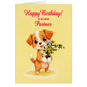 Cartão Parceiro Birthday Puppy e Flores
