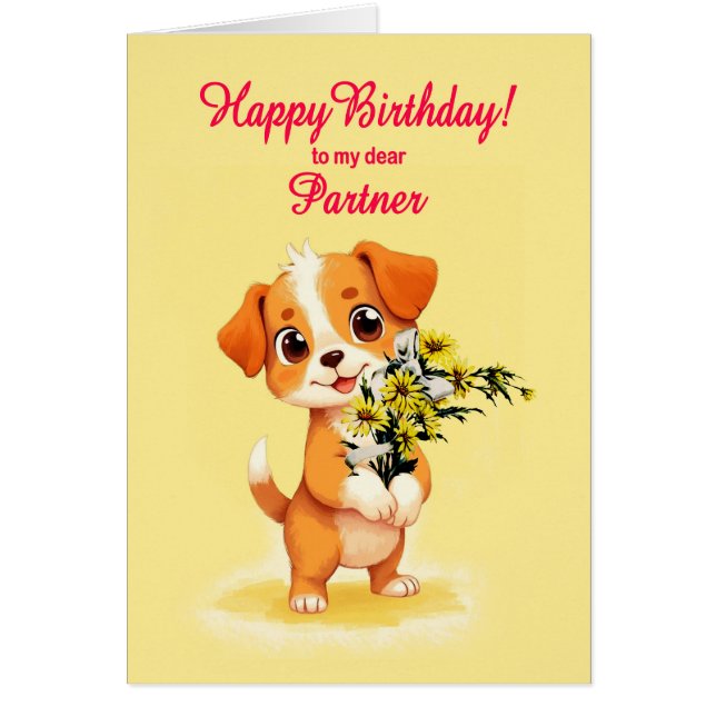 Cartão Parceiro Birthday Puppy e Flores (Frente)