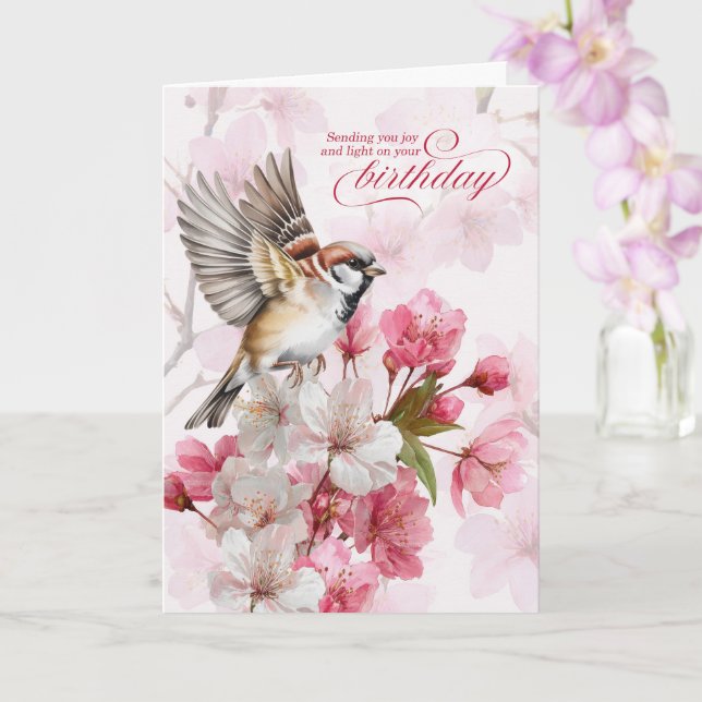 Cartão Pardal de Aniversário e Alegria de Flores de Cerej (Orquídea)