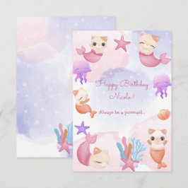 Cartão Parteira de gato e sereia feliz aniversário