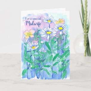 Cartão Parteira Obrigado Daisy Flowers Watercolor