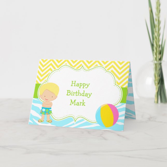 Cartão Partido Bash da Piscina Blonar Hair Boy (Frente)