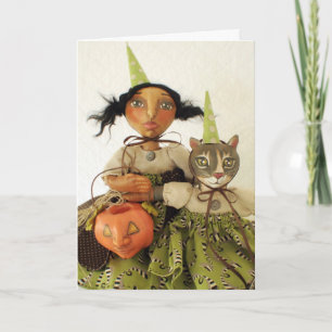 Cartão Party Girl & Cat Halloween Card