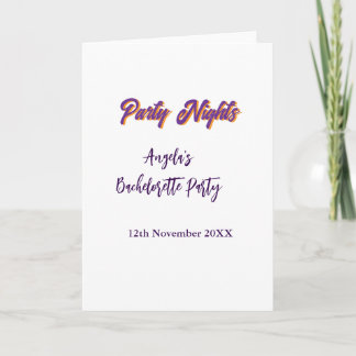 Cartão Party nights bachelorette party name date purple
