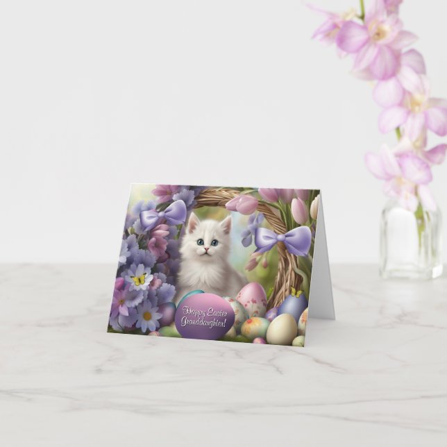 Cartão Páscoa da neta com cesto de gatinho branco (Orquídea)