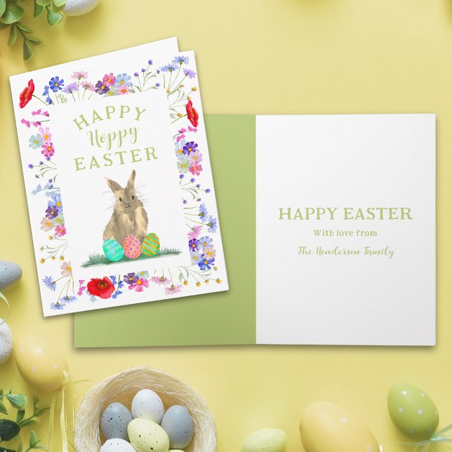 Cartão Páscoa Feliz Personalizada Coelhinho Fofo Boho Flo (Personalized happy hoppy Easter cute bunny watercolor wildflower spring floral folded holiday card)